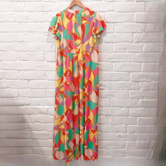 Easel Maxi Dress Medium Multicolor Red Yellow Green Cottagecore Bohemian Tiered, - Picture 4 of 10